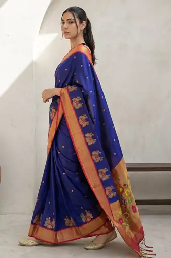 Blue woven zari buti & floral motifs work silk blend fabric traditional festive style