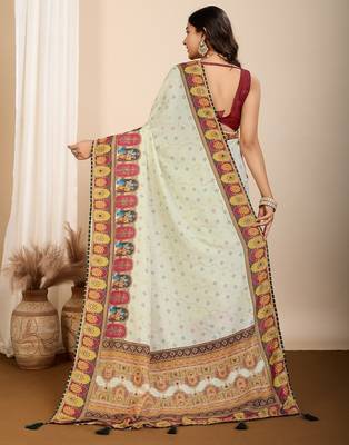 Pista green printed embellished pure cotton kalamkari saree with blouse 4