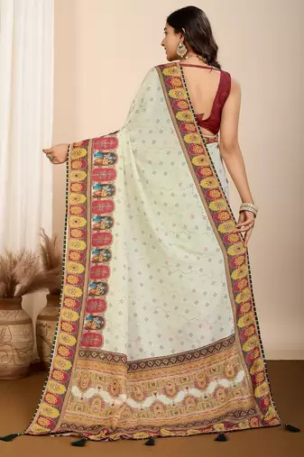 Pista green printed embellished pure cotton kalamkari saree with blouse