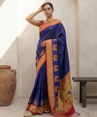 Blue woven zari buti & floral motifs work silk blend fabric traditional festive style 4