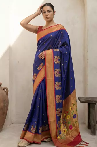 Blue woven zari buti & floral motifs work silk blend fabric traditional festive style