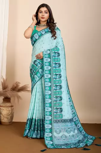 Sky blue printed embellished pure cotton kalamkari saree with blouse