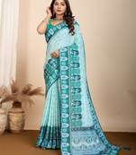 Sky blue printed embellished pure cotton kalamkari saree with blouse