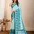 Sky blue printed embellished pure cotton kalamkari saree with blouse