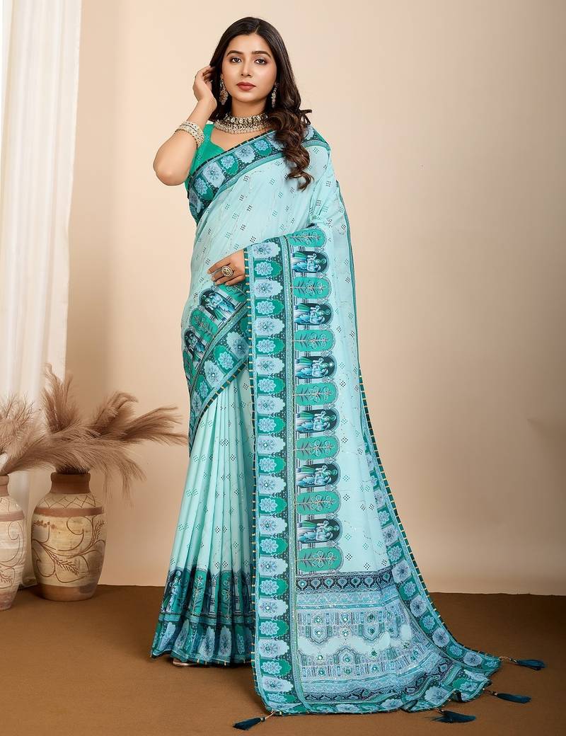 Sky blue printed embellished pure cotton kalamkari saree with blouse