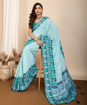 Sky blue printed embellished pure cotton kalamkari saree with blouse 2