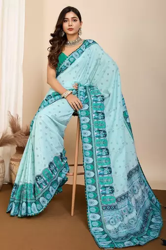 Sky blue printed embellished pure cotton kalamkari saree with blouse