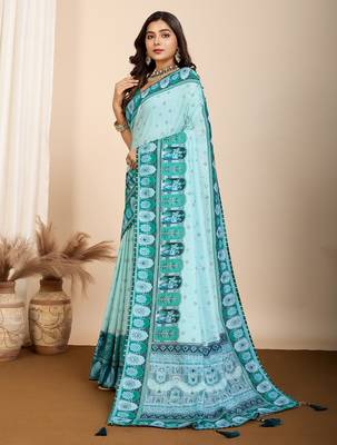 Sky blue printed embellished pure cotton kalamkari saree with blouse 3