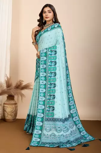 Sky blue printed embellished pure cotton kalamkari saree with blouse