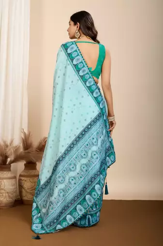 Sky blue printed embellished pure cotton kalamkari saree with blouse