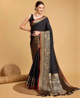 Black woven embellished self design silk blend banarasi saree with blouse 1