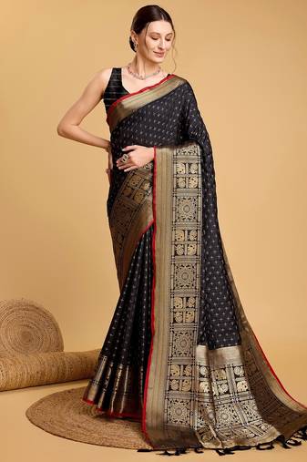 Black woven embellished self design pure silk banarasi saree with blouse