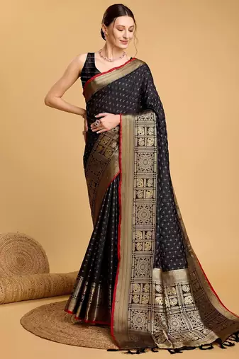 Black woven embellished self design pure silk banarasi saree with blouse