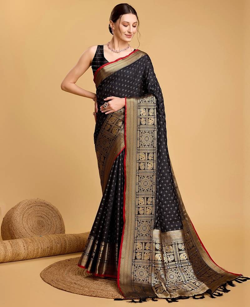 Black woven embellished self design pure silk banarasi saree with blouse