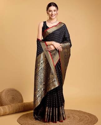 Black woven embellished self design silk blend banarasi saree with blouse 2