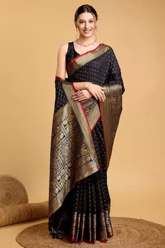 Black woven embellished self design pure silk banarasi saree with blouse