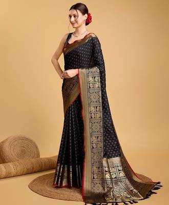 Black woven embellished self design silk blend banarasi saree with blouse 3