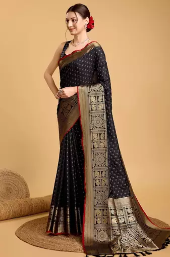 Black woven embellished self design pure silk banarasi saree with blouse