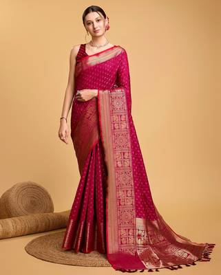 Dark pink woven embellished self design silk blend banarasi saree with blouse 1