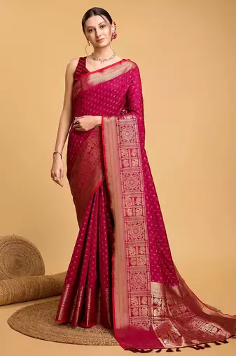Dark pink woven embellished self design pure silk banarasi saree with blouse