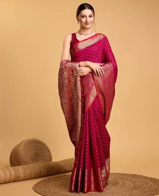 Dark pink woven embellished self design silk blend banarasi saree with blouse 2