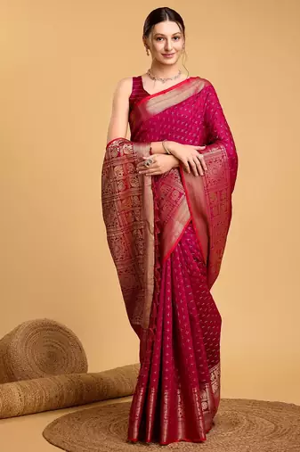 Dark pink woven embellished self design pure silk banarasi saree with blouse