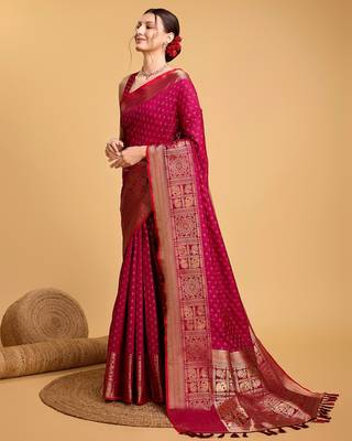 Dark pink woven embellished self design silk blend banarasi saree with blouse 3