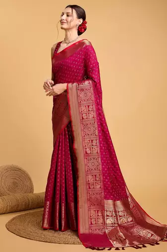 Dark pink woven embellished self design pure silk banarasi saree with blouse