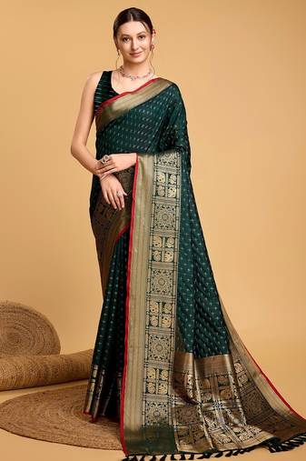 Green woven embellished self design pure silk banarasi saree with blouse