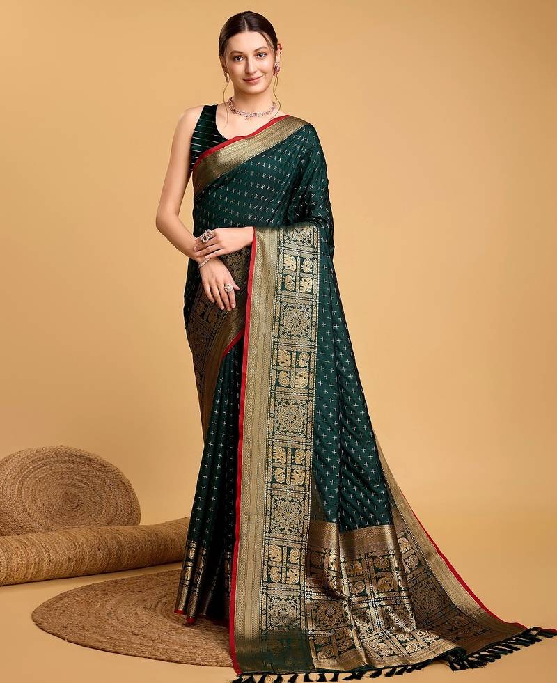 Green woven embellished self design pure silk banarasi saree with blouse