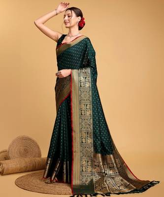 Green woven embellished self design silk blend banarasi saree with blouse 3