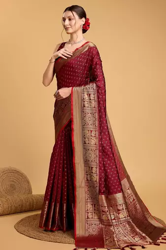 Maroon woven embellished self design pure silk banarasi saree with blouse