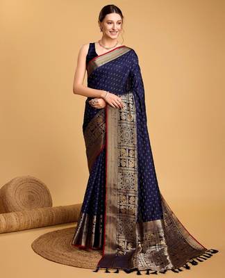Navy blue woven embellished self design silk blend banarasi saree with blouse 1