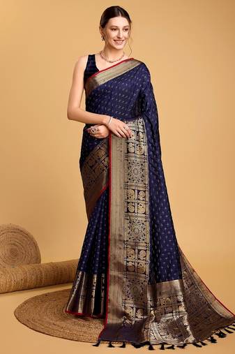 Navy blue woven embellished self design pure silk banarasi saree with blouse