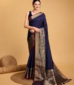 Navy blue woven embellished self design pure silk banarasi saree with blouse