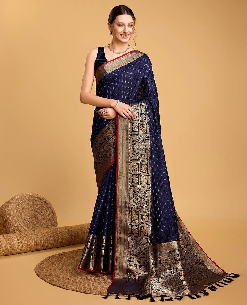 Navy blue woven embellished self design pure silk banarasi saree with blouse