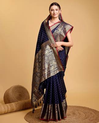 Navy blue woven embellished self design silk blend banarasi saree with blouse 2