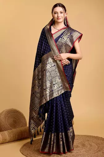 Navy blue woven embellished self design pure silk banarasi saree with blouse