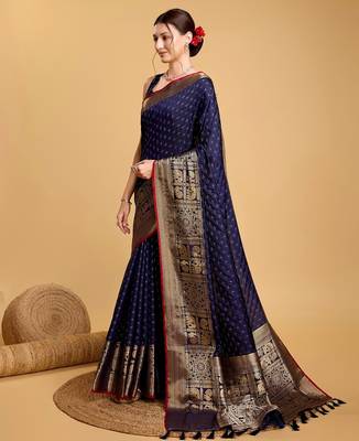 Navy blue woven embellished self design silk blend banarasi saree with blouse 3