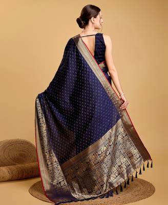Navy blue woven embellished self design silk blend banarasi saree with blouse 4