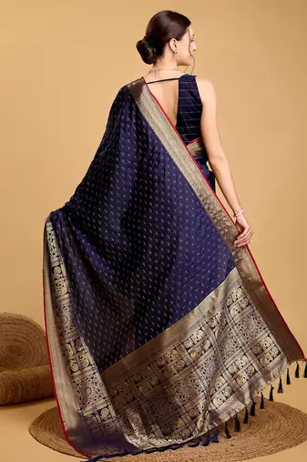 Navy blue woven embellished self design pure silk banarasi saree with blouse