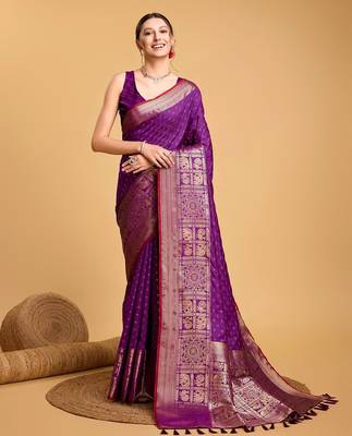 Purple woven embellished self design silk blend banarasi saree with blouse 1