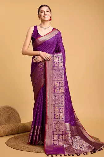 Purple woven embellished self design pure silk banarasi saree with blouse