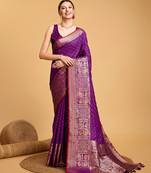 Purple woven embellished self design pure silk banarasi saree with blouse