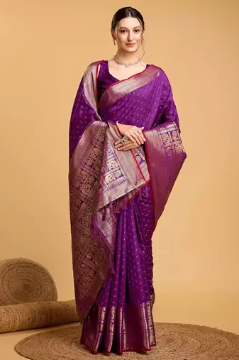 Purple woven embellished self design pure silk banarasi saree with blouse