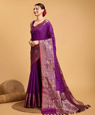 Purple woven embellished self design silk blend banarasi saree with blouse 3