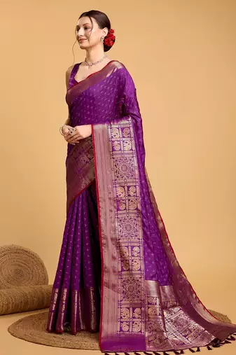 Purple woven embellished self design pure silk banarasi saree with blouse