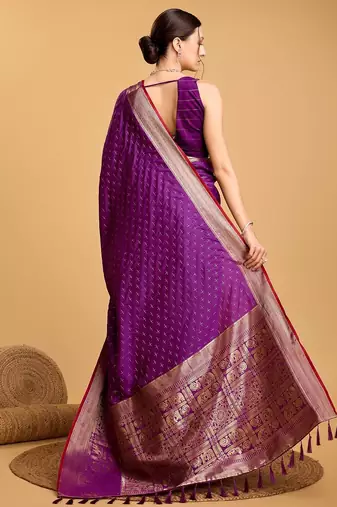 Purple woven embellished self design pure silk banarasi saree with blouse