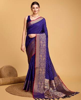 Royal blue woven embellished self design silk blend banarasi saree with blouse 1