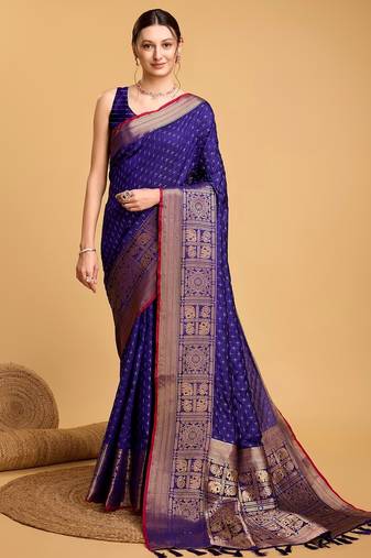 Royal blue woven embellished self design pure silk banarasi saree with blouse